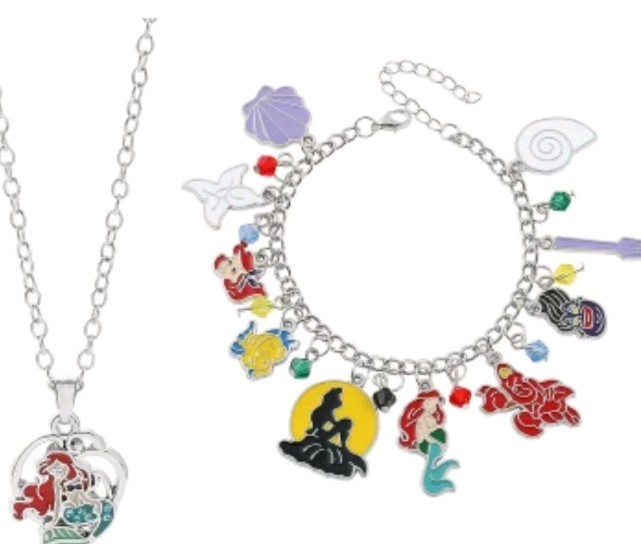 Little Mermaid Charm Bracelet And Necklace Set.Enamel Silvertone All Ages