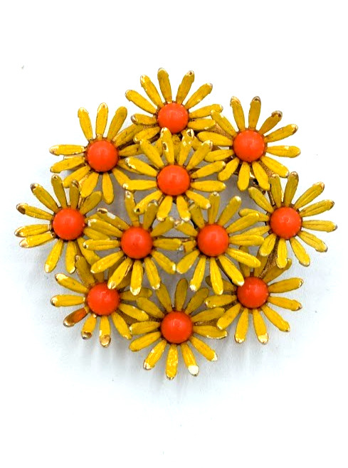 Vintage WEISS Enamel Flower Brooch Yellow Orange Daisy Floral Pin Mod Pop Art