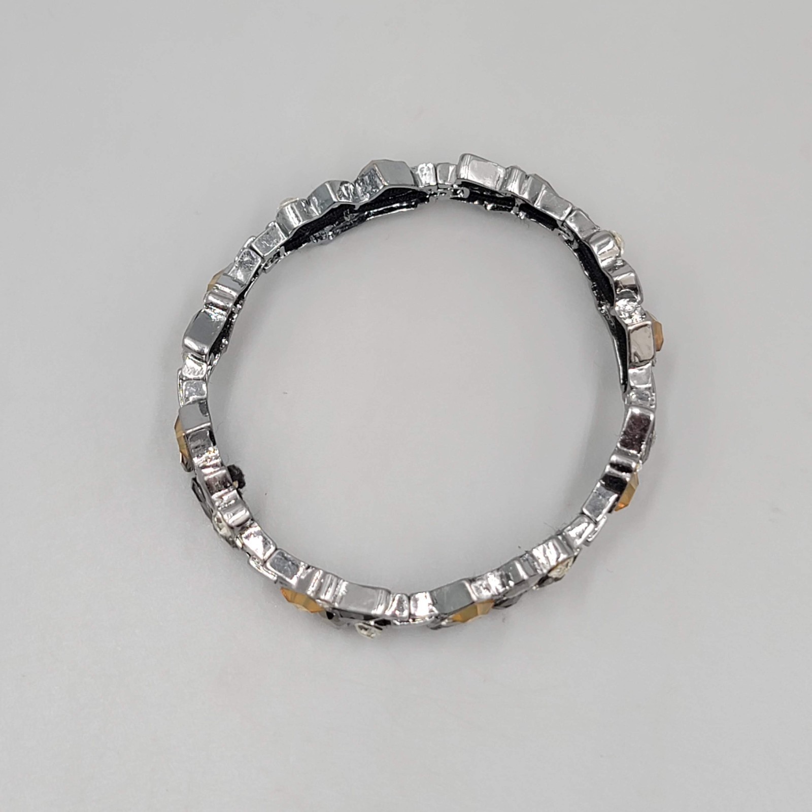 Black Yellow Rhinestone Bracelet Gun Metal Gray Metal Elastic 7″