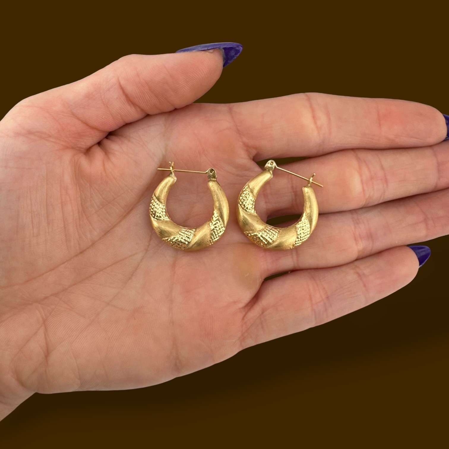 Vintage 14K Yellow Gold Textured Hoop Earrings 22.5mm