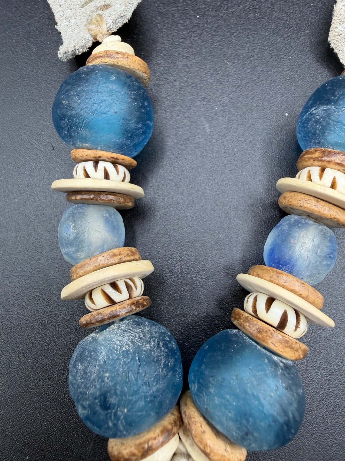 Twine & Twig Large Cone Shell & Blue African Glass Bead Suede Statement Necklace