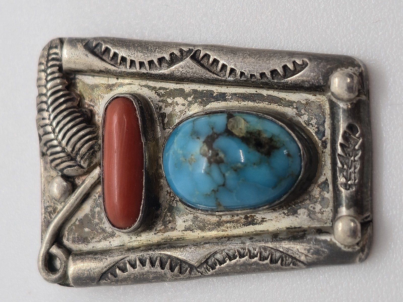 Vtg 1970s Navajo Sterling Silver Turquoise Coral Buckle Pendant Set Signed Begay