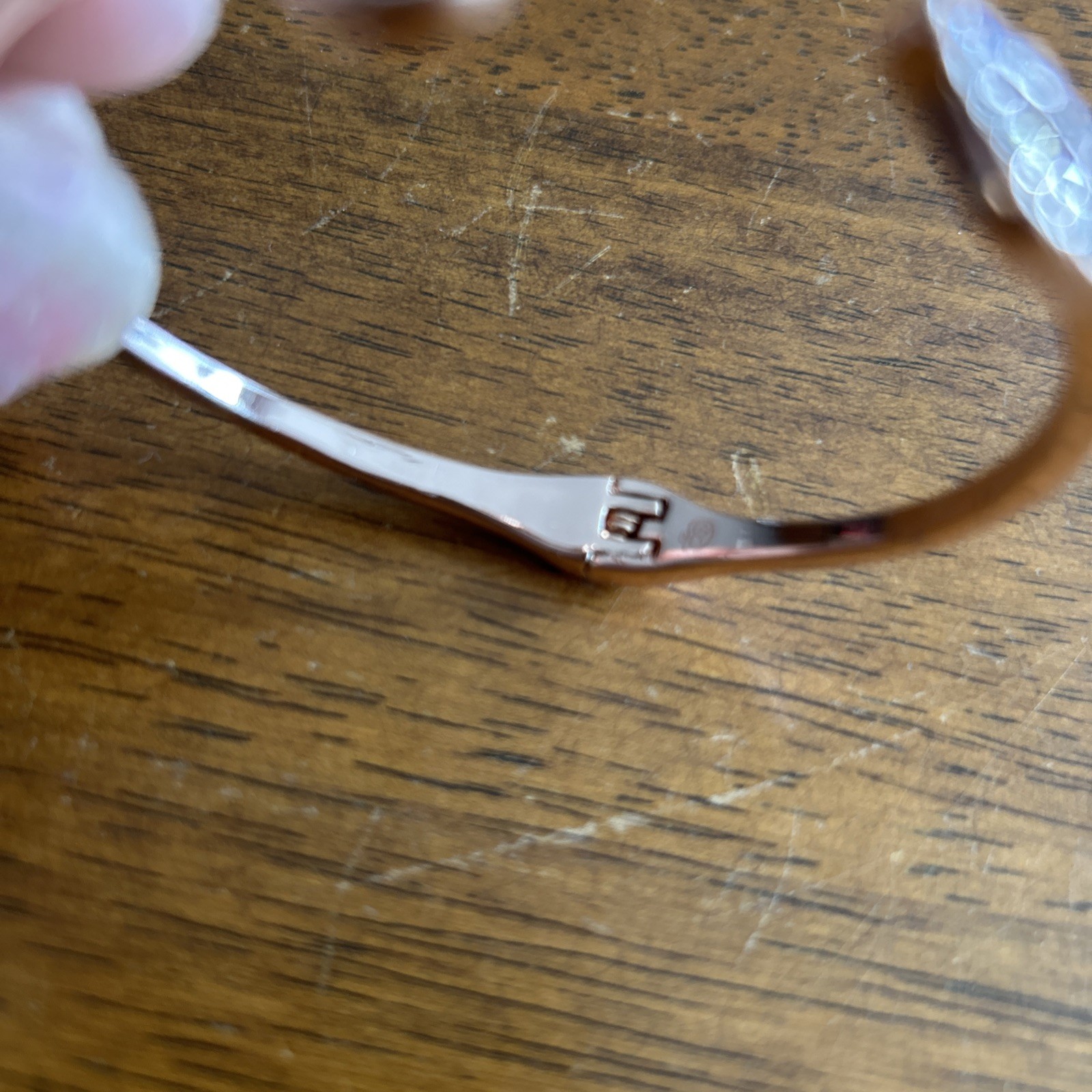 Qianse Swarovski Crystal Bracelet Pink Heart AB Rose Gold Tone Hinged Cuff 2.5”