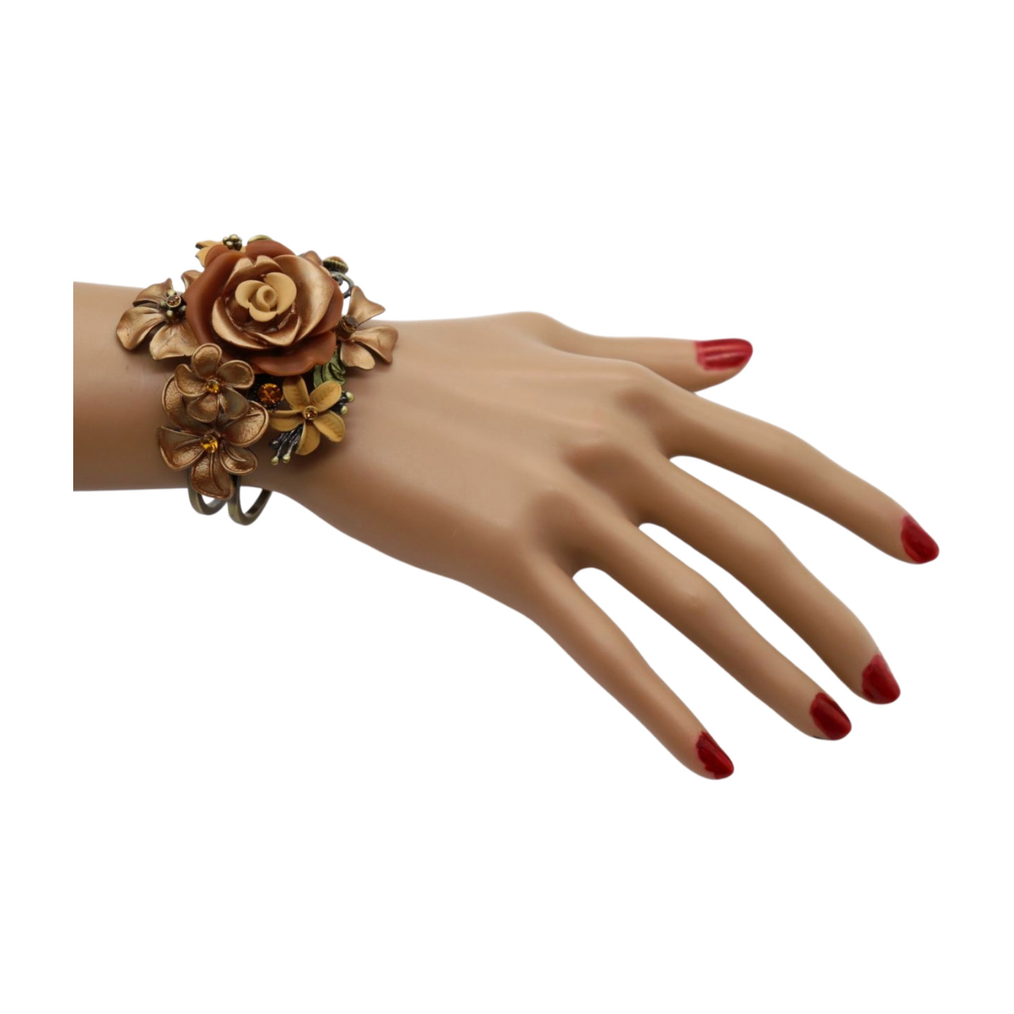 Women Antique Gold Metal Beige Brown Rose Flowers Cuff Bracelet Fashion Jewelry
