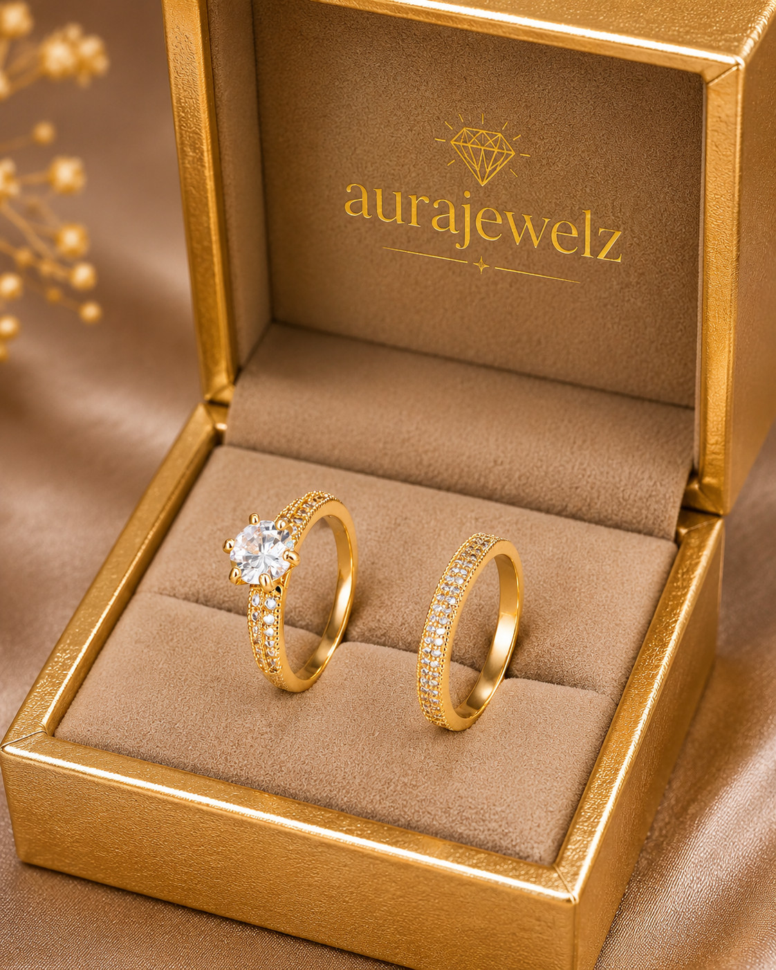 14k Yellow Gold Plated Bridal Band 2TCW Round Cut Moissanite Wedding Ring Set