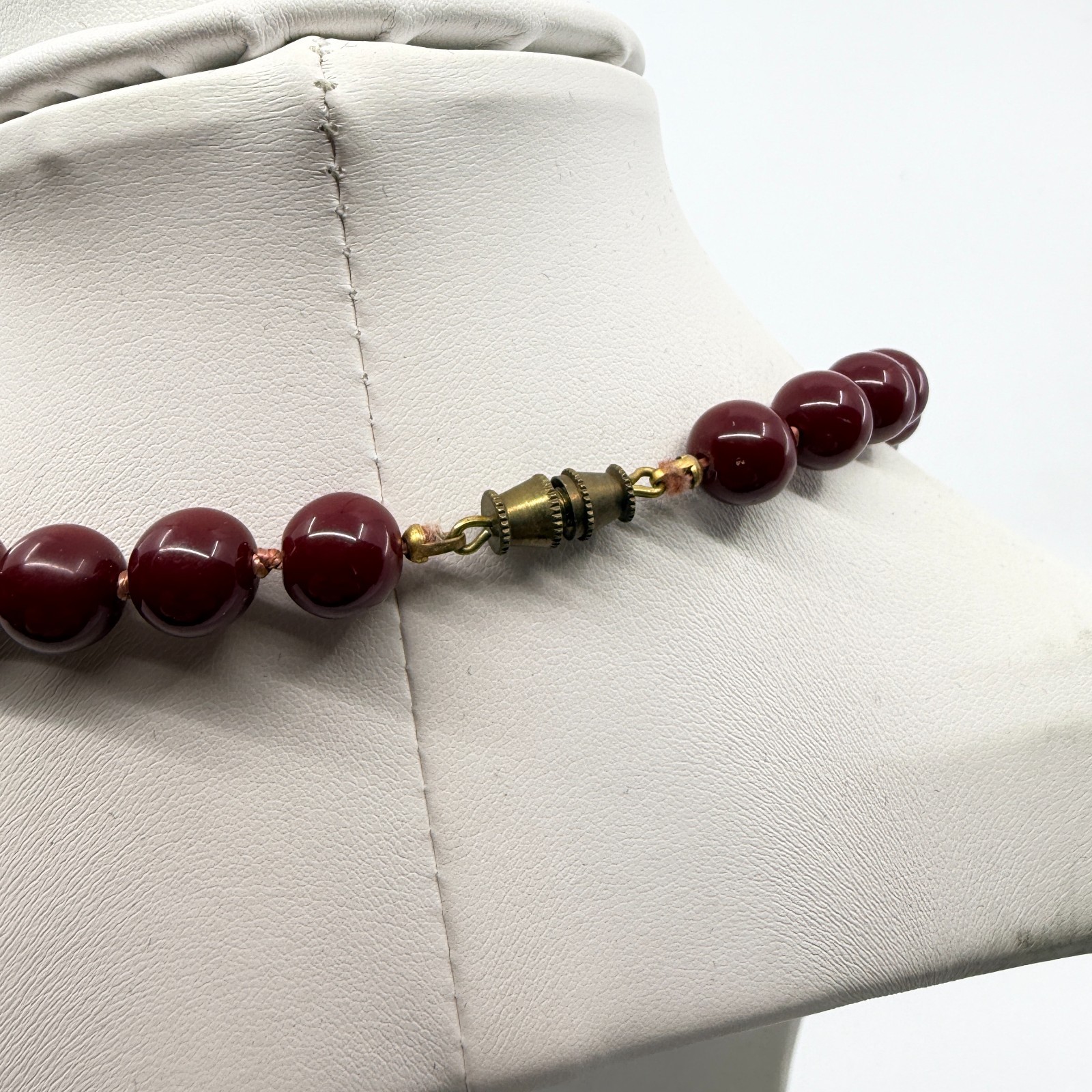 VTG Burgundy Red Glass Simulated Pearl Knotted Strand Necklace Boho Retro