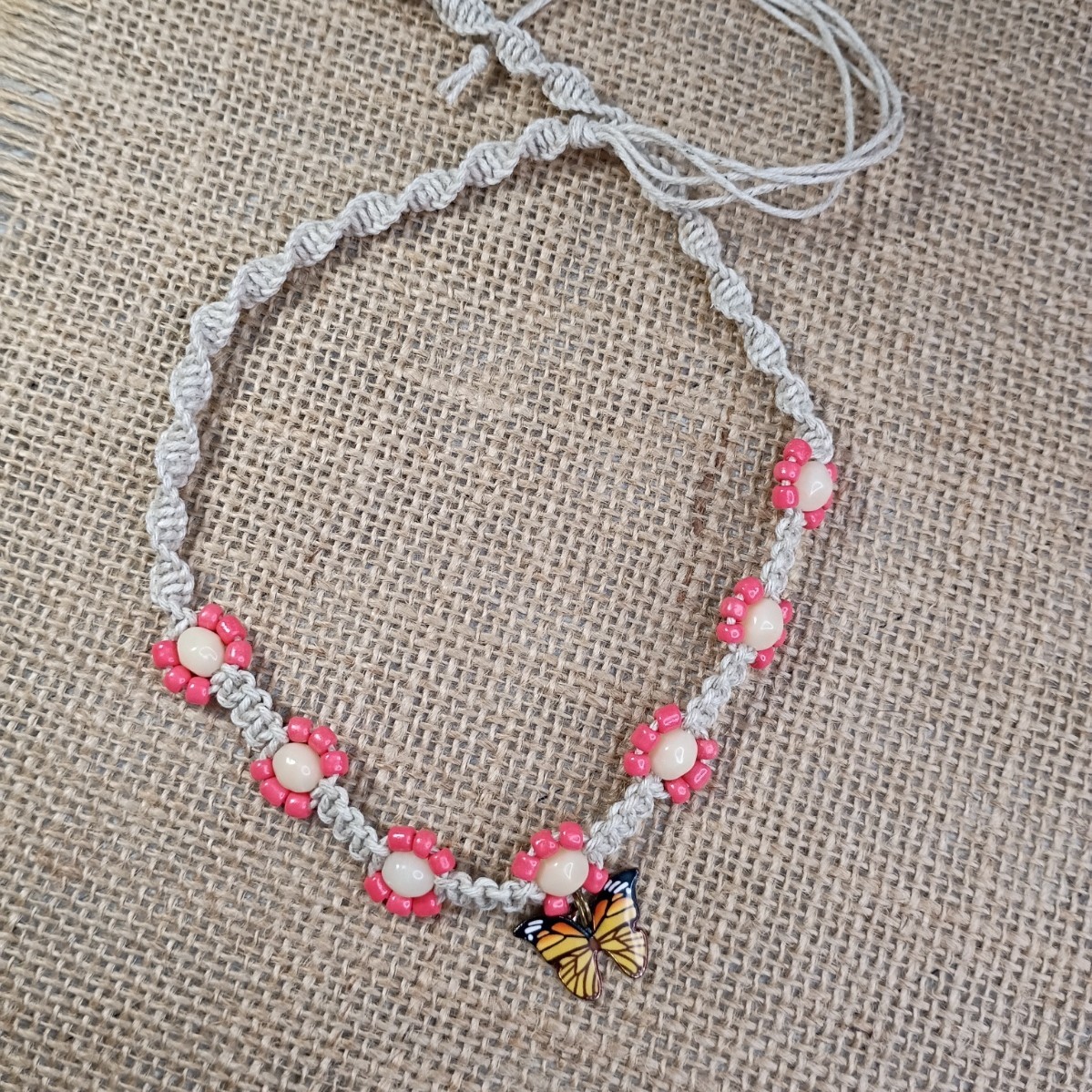 Natural Hemp Necklace w/ Butterfly Charm & Glass Beads, 17-22 inch Ready to Ship