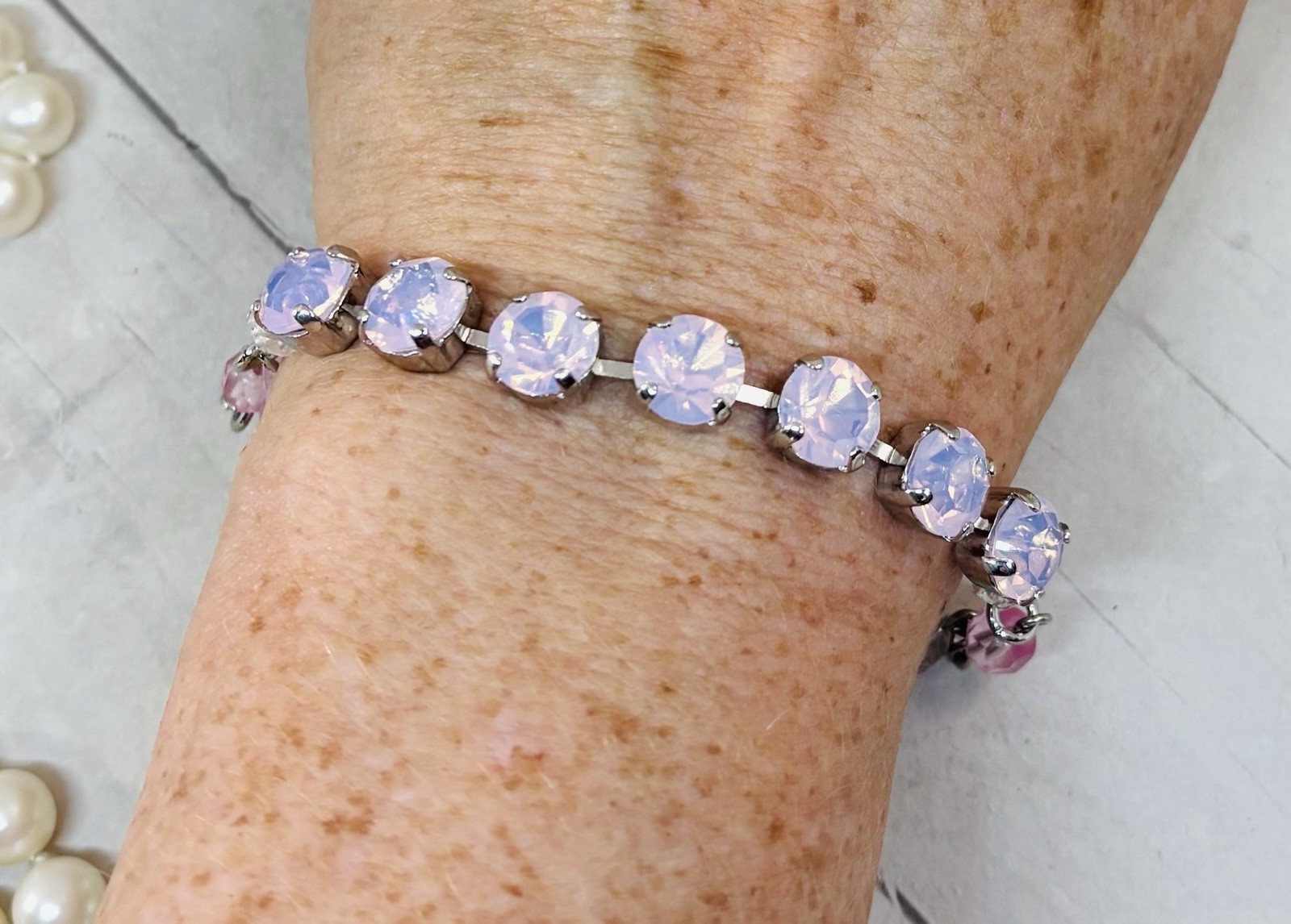 8mm Shiny Silver Plated Beaded Pink Opal Crystal Tennis Cup Chain Bracelet
