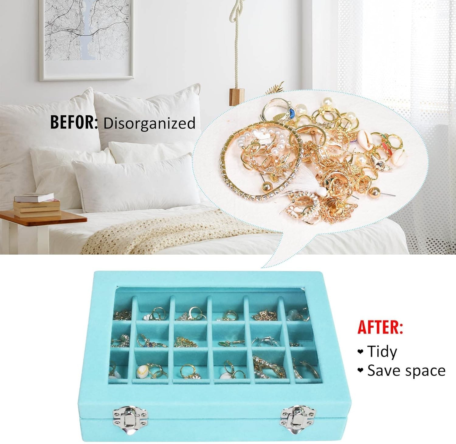 Velvet Jewelry Box 24 Grid Jewelry Ring Display Organiser Box Tray Holder Ear…