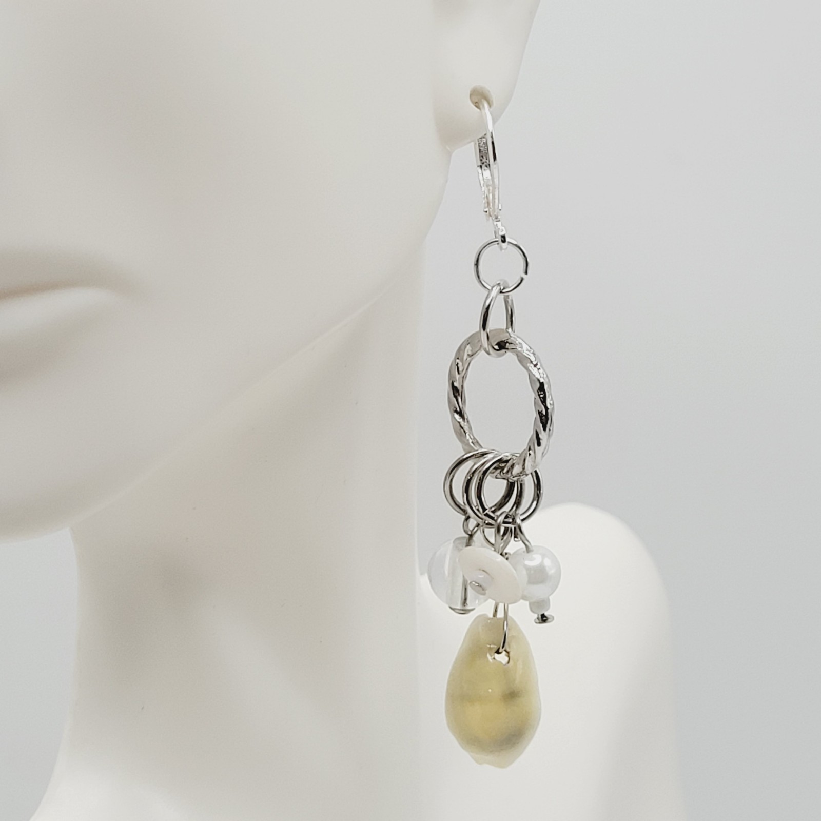 Handcrafted Boho Cowrie Shell Dangle Earrings Silver Tone Cluster Beaded Coastal