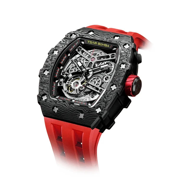 TSAR BOMBA Mens Automatic Watch Carbon Fiber Skeleton Tonneau Sapphire White Str