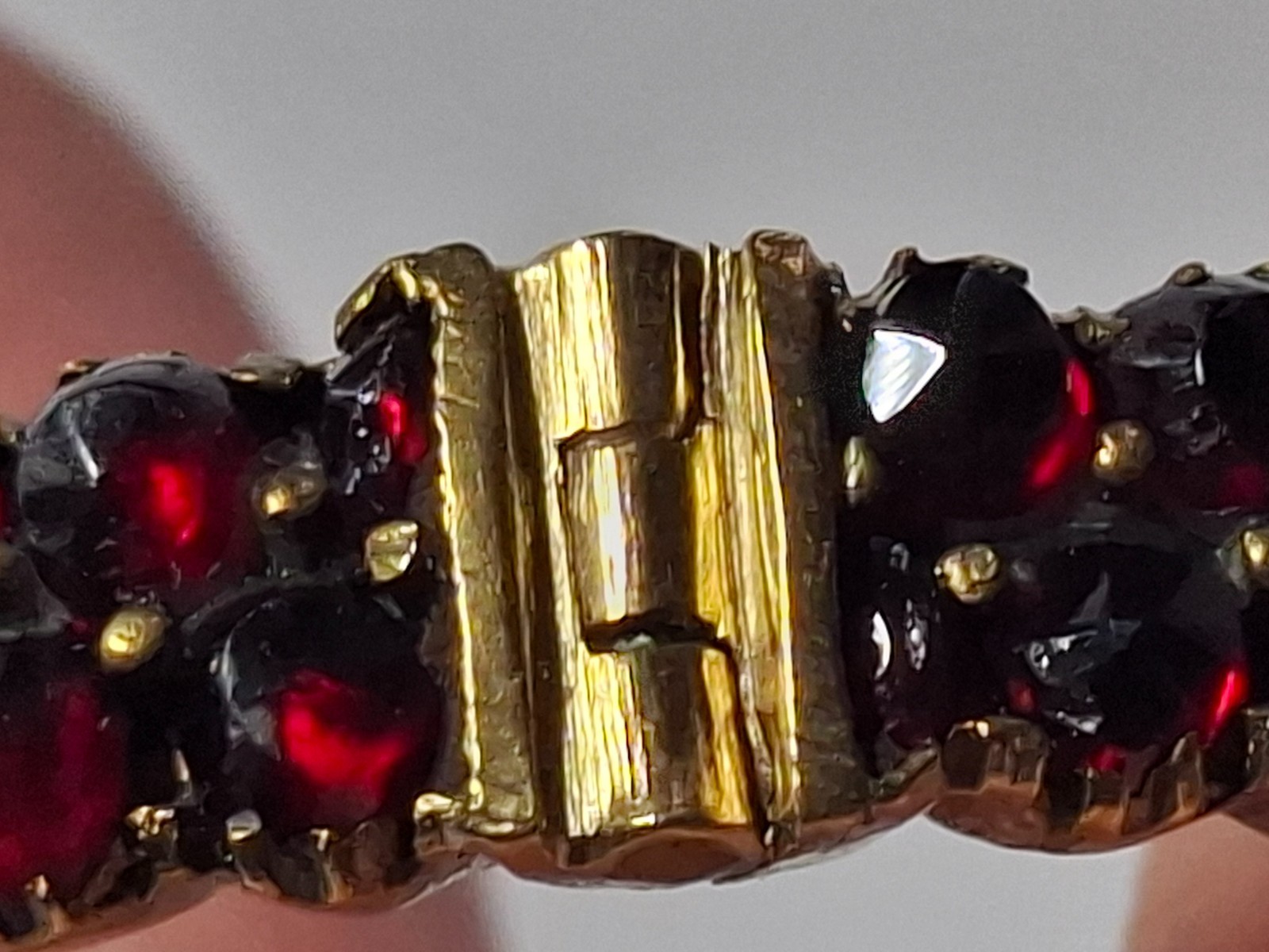 Solid Antique Gold Plated Bangle With Safety Clasp Red Garnets