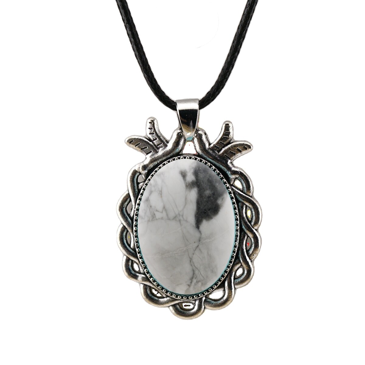 Natural Gemstone Oval Pendant with Lace and Bird Feather Wrapped Necklace
