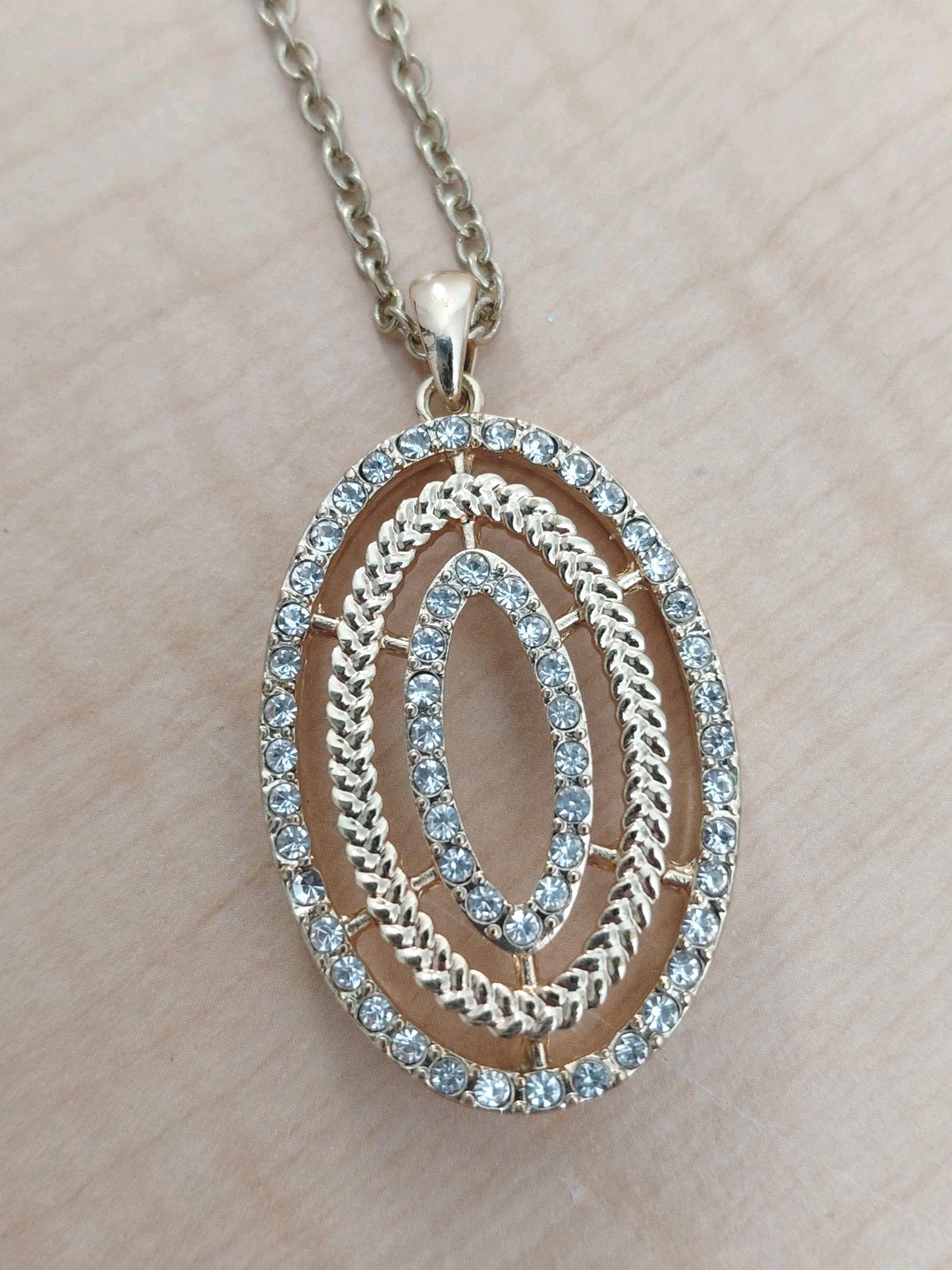 Gold Tone Oval Pendant Necklace _ Clear Rhinestone Accents _ None Missing