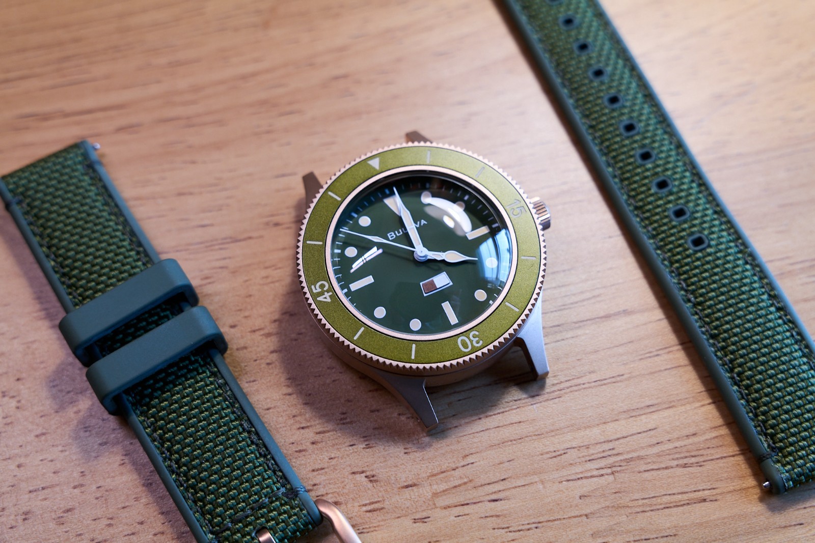 Bulova 98A324 MIL-SHIPS Bronze Auto 150th Anniversary Green Dial Sapphire 200MWR