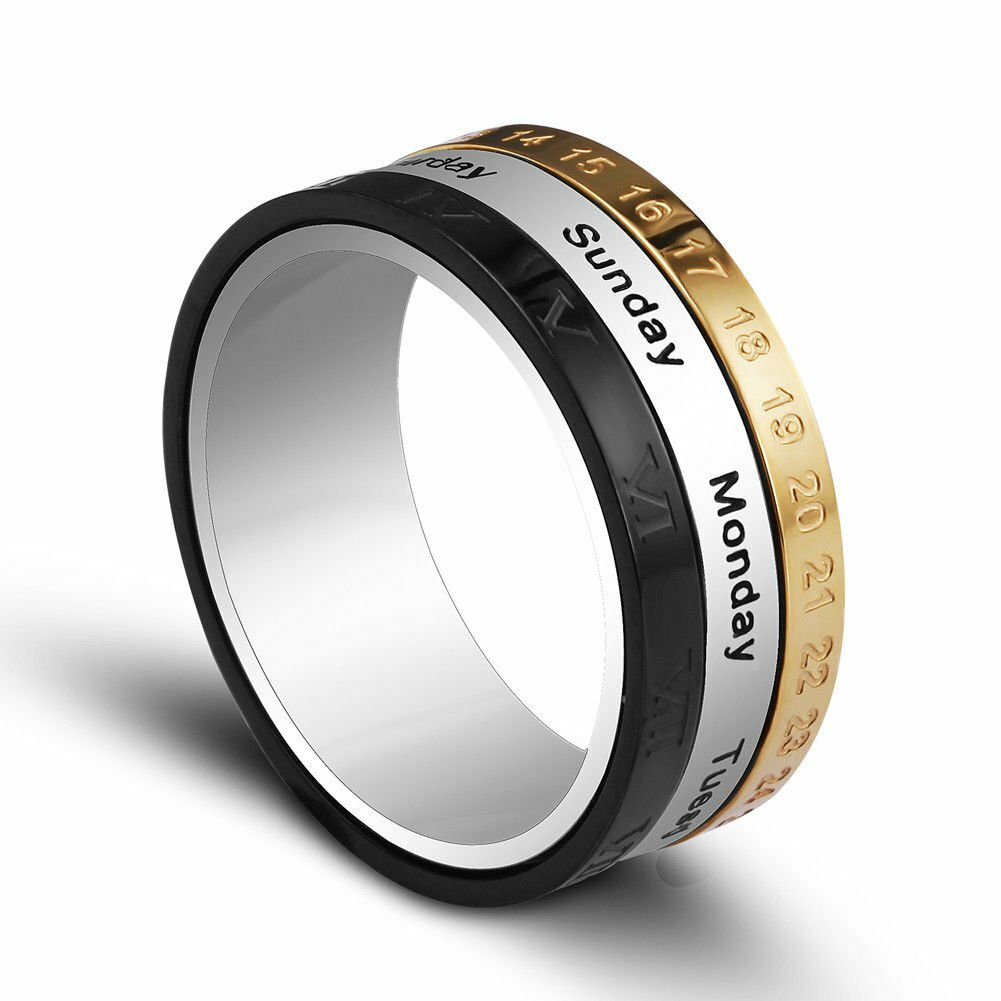 MENDEL Black Gold Plated Stainless Steel Rotatable Calendar Time Ring Size 7-11