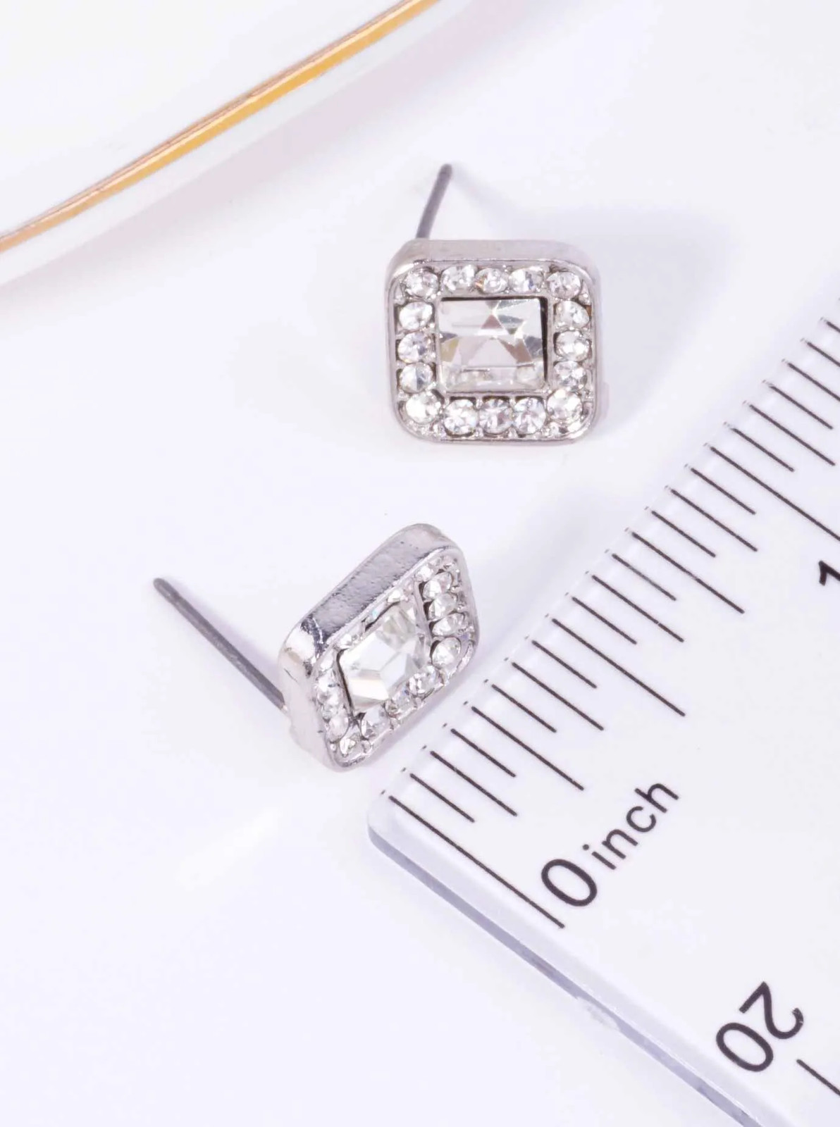 Soft Square Glass Rhinestone Stud Earrings 0.4in, Gold or Silver Tone
