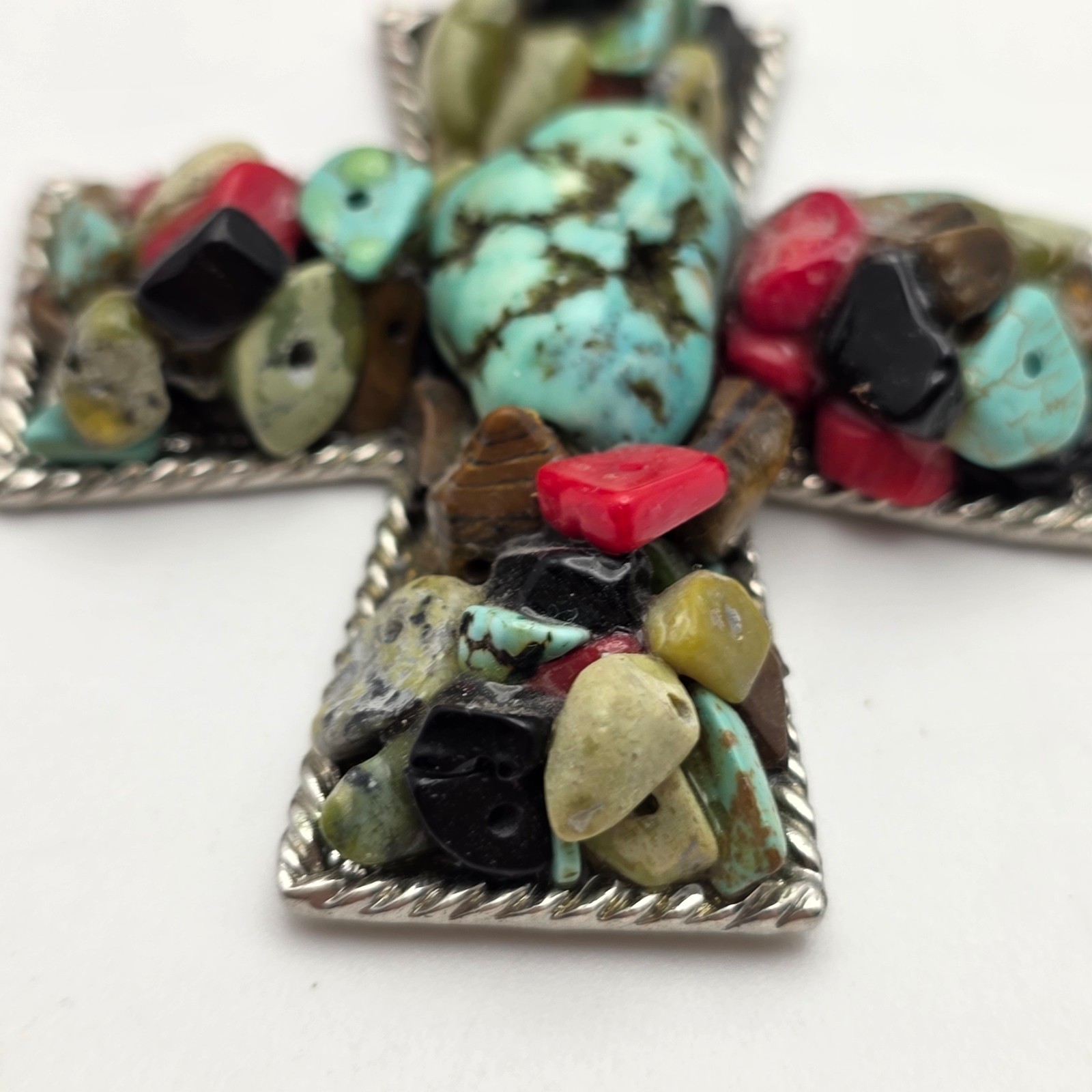 Southwestern Cross Pendant Necklace Multicolor Stone Ceramic Glass Beads 20 in