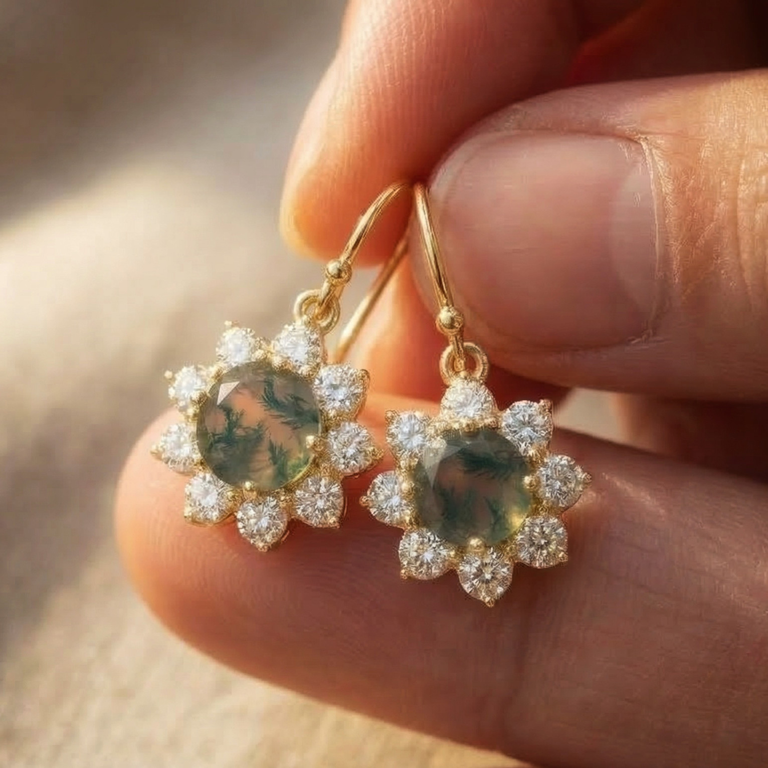Moss Agate & CZ Statement Drop Silver Earrings,Gold Plated Floral Dangle Earring