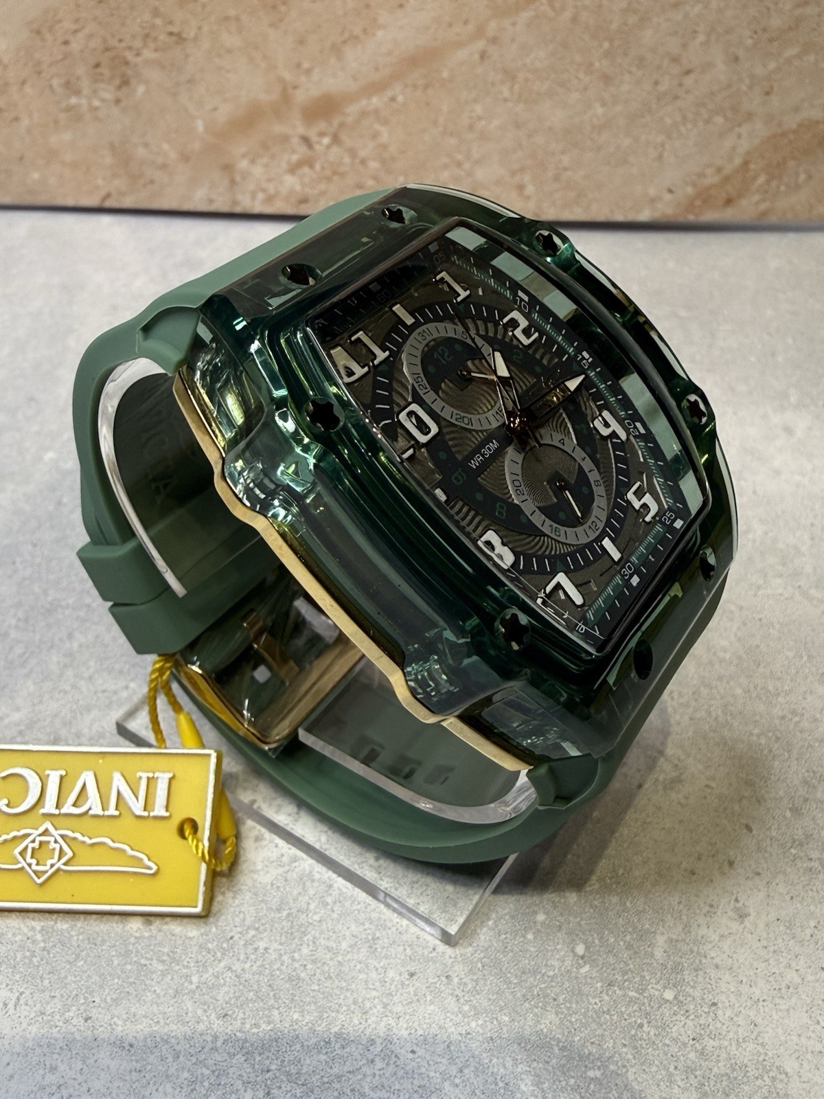 Invicta Racing Cyclone 48.5mm Quartz Watch Transparent Green Silicone Strap New
