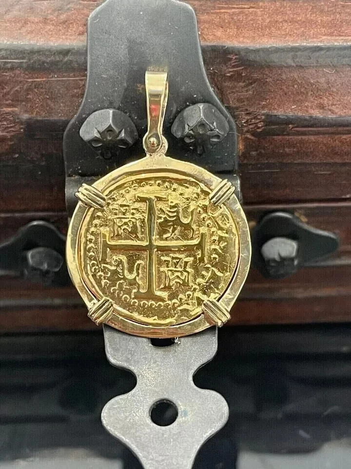 30MM Atocha Coin Lab Created Charm Pendant Without Stone 14K Yellow Gold Plated