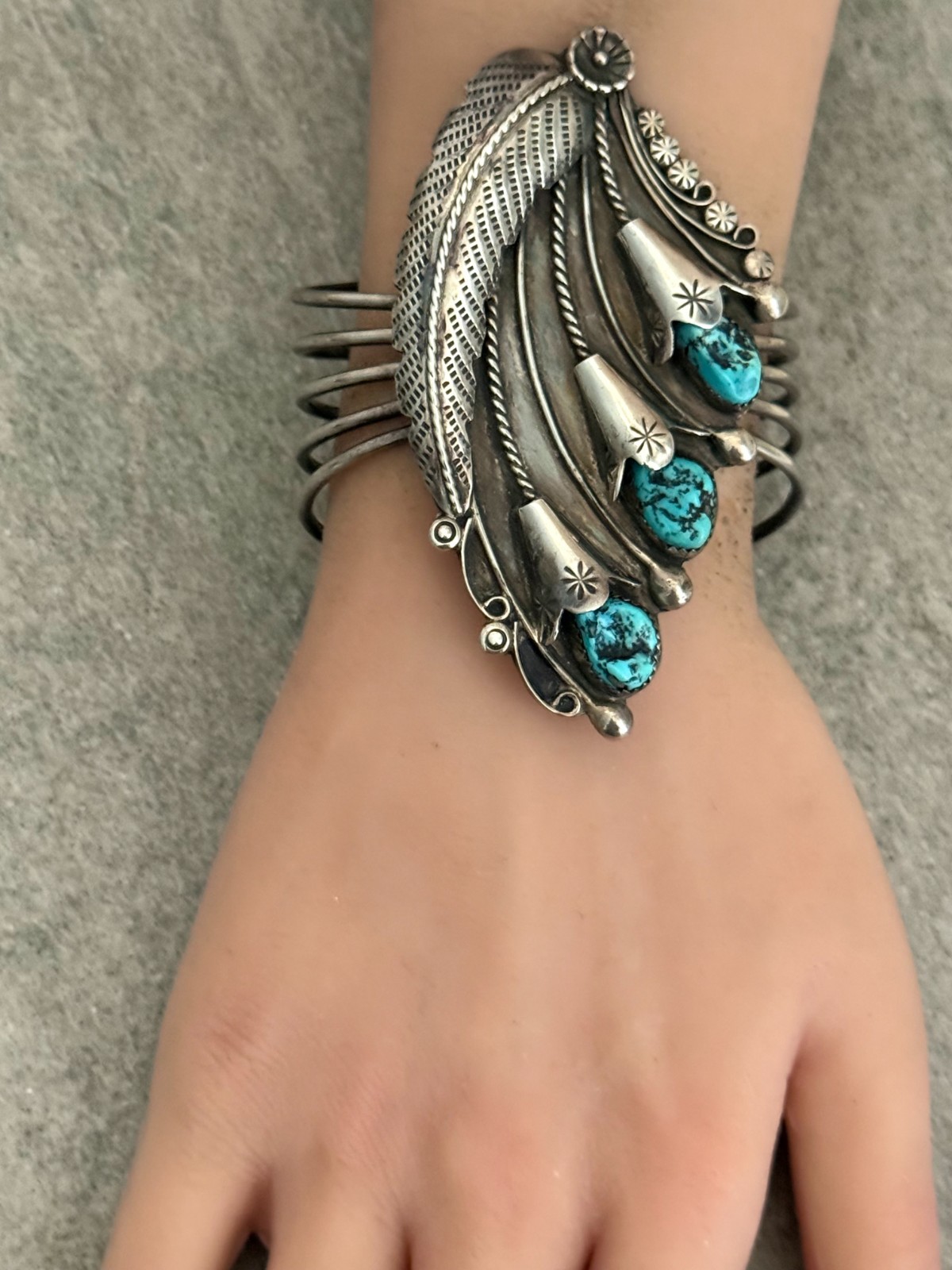 Vintage Navajo Turquoise Sterling Silver BLOSSOM Bracelet 6.7 in