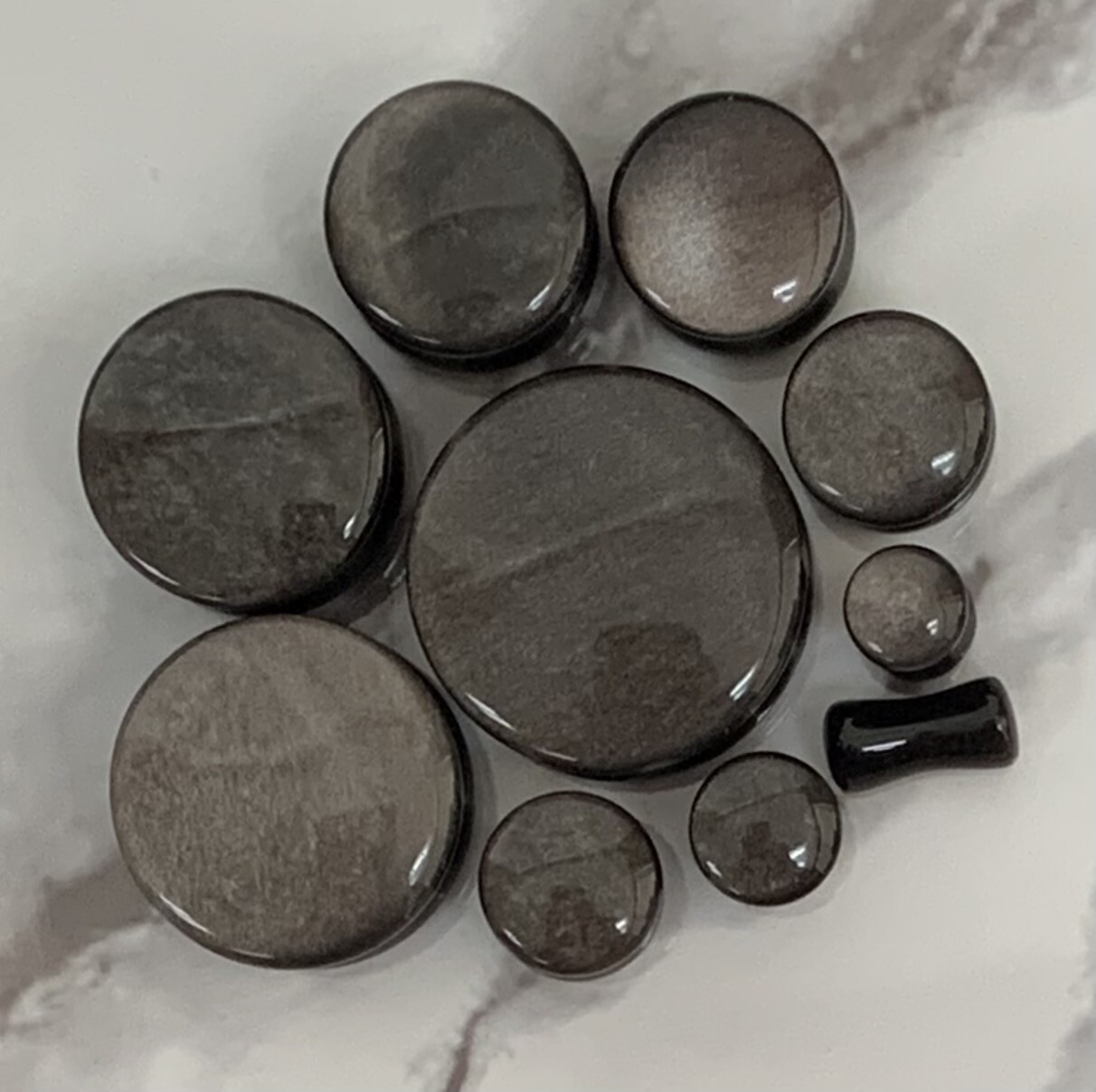 PAIR Silver Obsidian Natural Stone Double Flare Plugs Organic Earlets Gauges