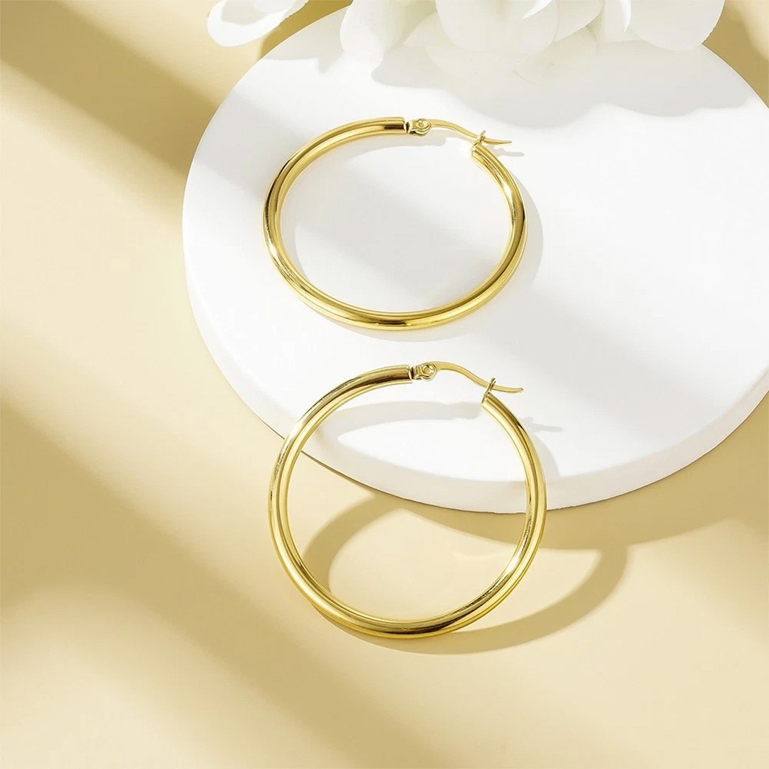 35mm 14K Real Solid Yellow Gold Shiny Polished Round Creole Hoop Earrings Gift