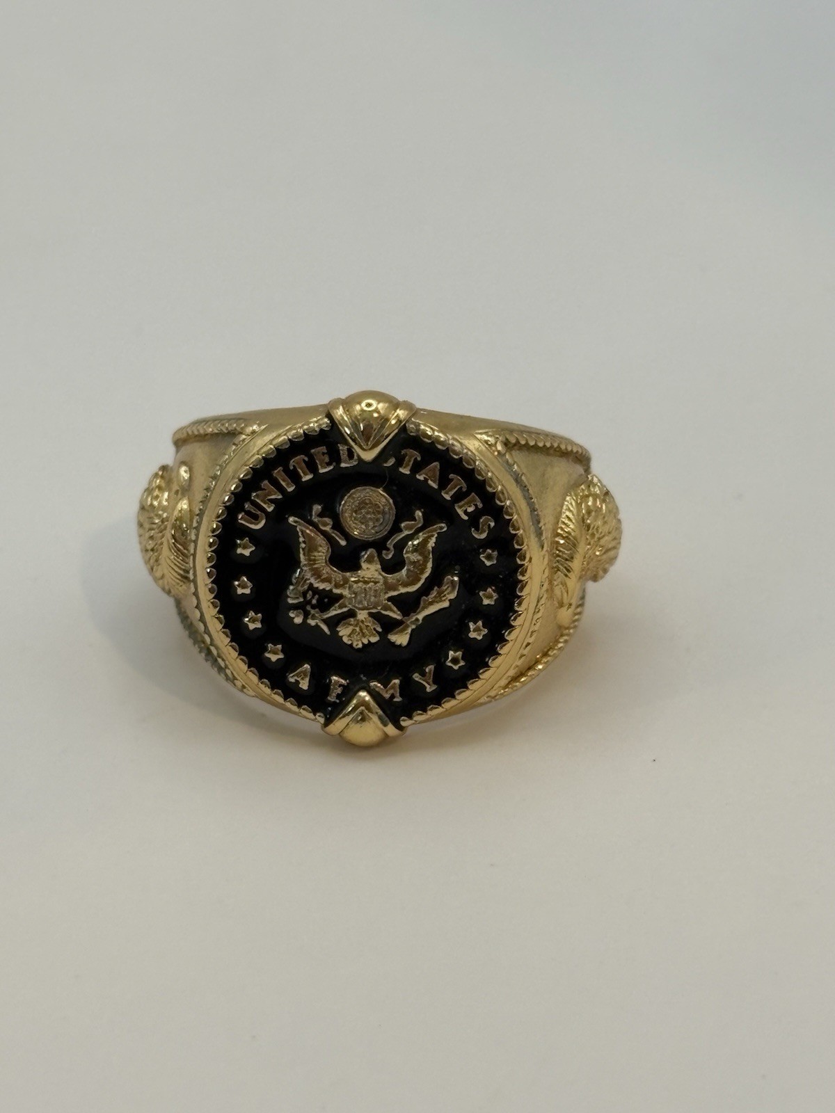 925 Sterling Silver Gold Plated United States Army Ring Black Enamel Size 10.5