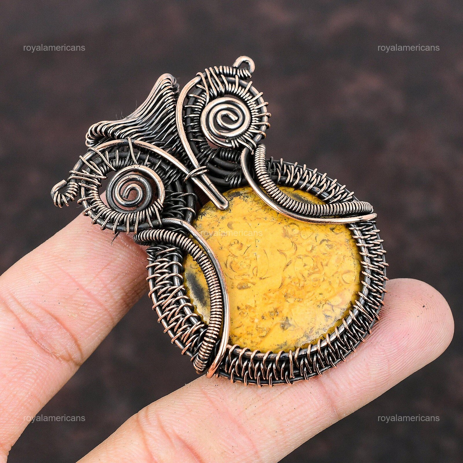 Petrified Wood Jasper Wire Wrapped Owl Pendant Handcrafted Copper Unique 2.48″
