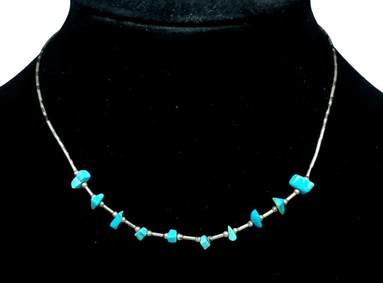 Vintage Liquid Silver Sterling Turquoise Chunk Beaded Southwestern Necklace