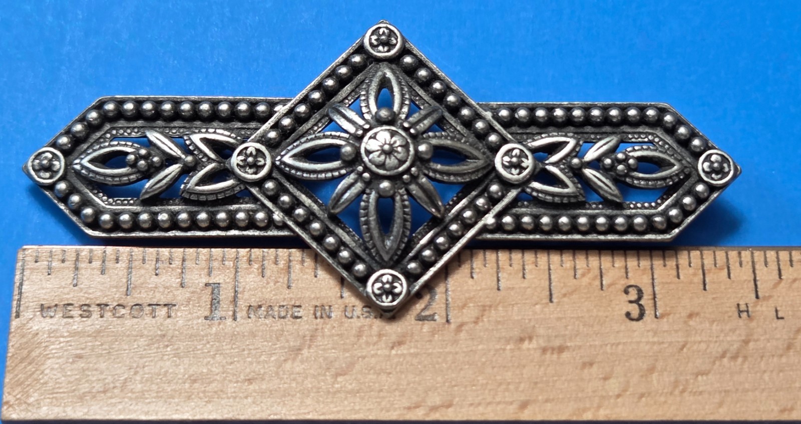 Vintage JJ Art Nouveau Pin Bar Brooch, Silver Tone Flower, Jonette Jewelry