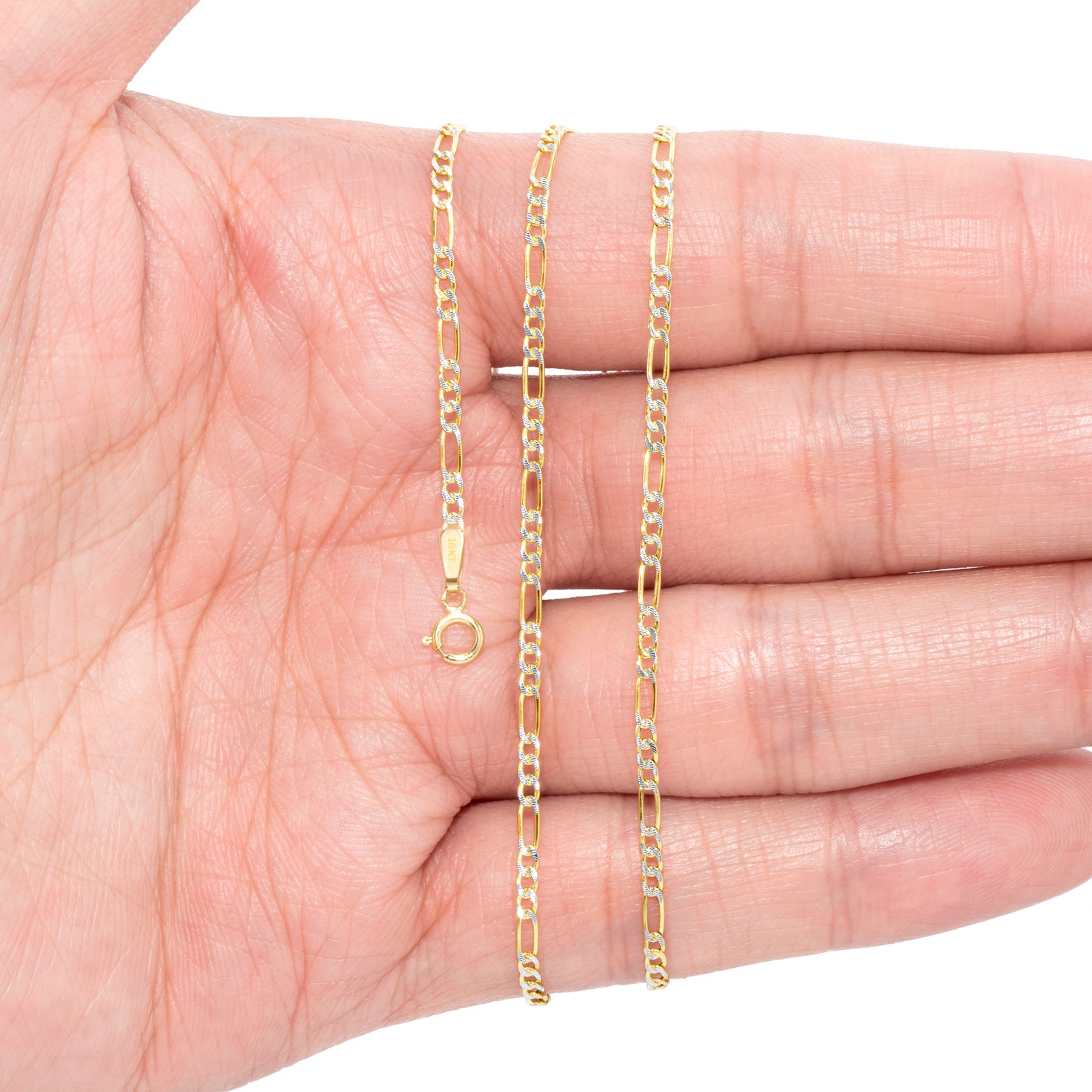 10K Solid Gold 2mm-12mm Diamond Cut Pave Figaro Chain Necklace Bracelet 7″- 30″