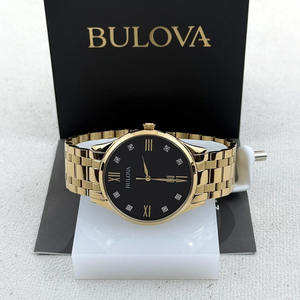 Bulova Men’s Classic Diamond 97D108 Black Dial Gold Stainless Quartz Watch 40mm
