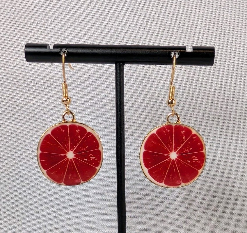 Hook Drop Dangle Pierced Earrings Gold Tone Grapefruit Summer Fruit Food Fun