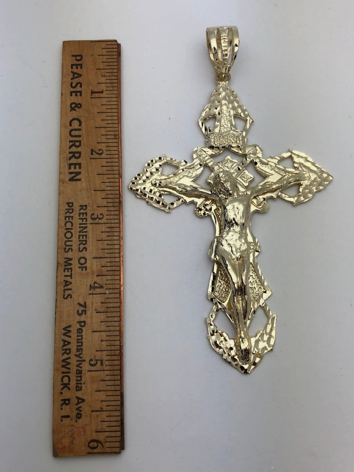 10k Yellow Gold Religious INRI Jesus Christ 3D Big Cross Pendant 5.25″- 45 grams