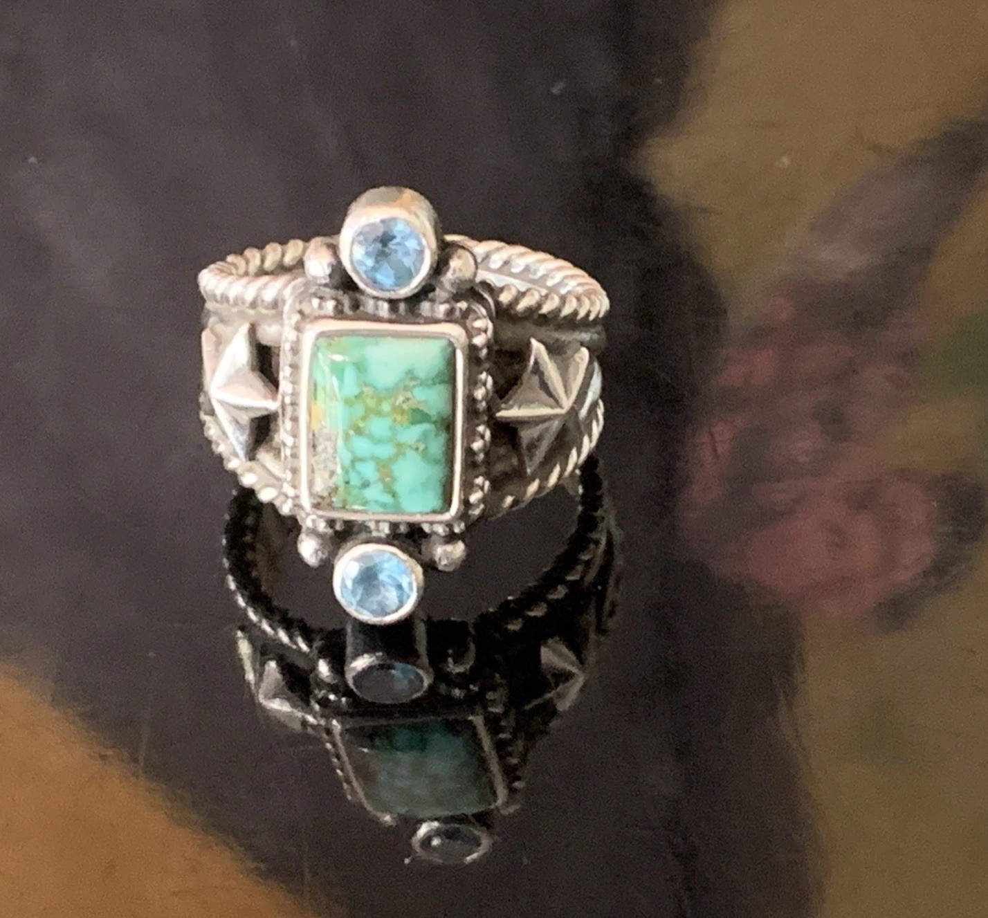 Artist Mona Van Riper Turquoise & Topaz Sterling Silver Ring Southwestern Ring