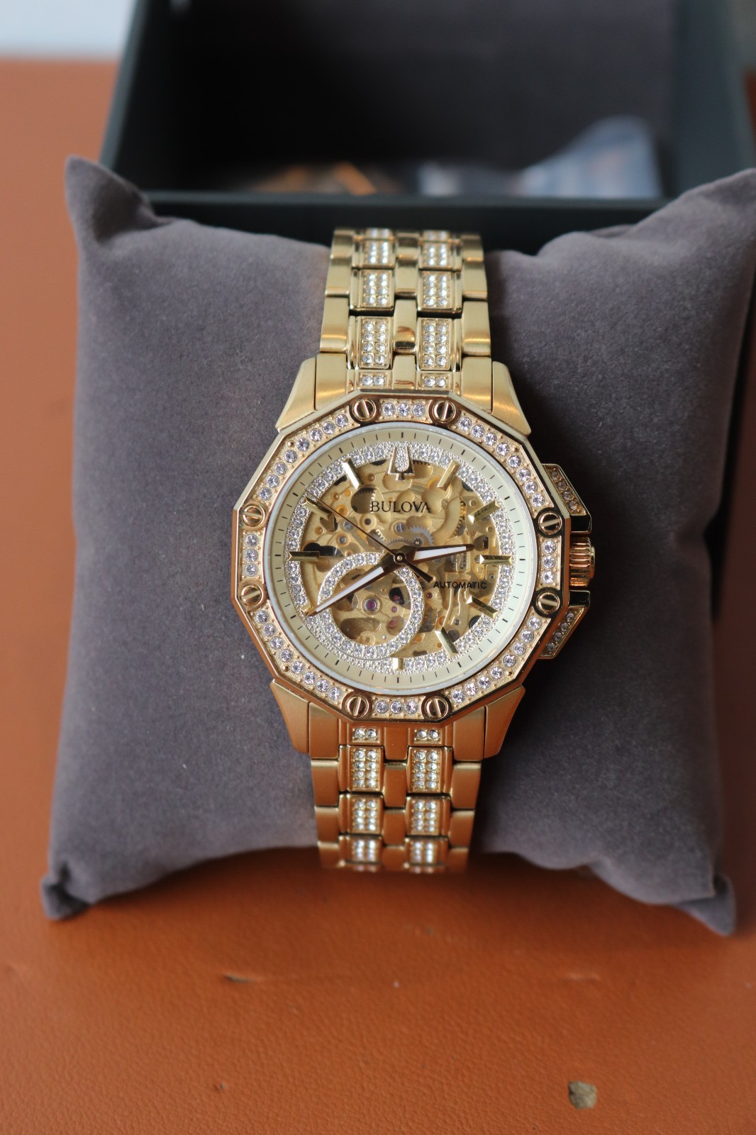 Bulova Octava Automatic Gold Tone Stainless St. Crystal Accent Men Watch 98A292