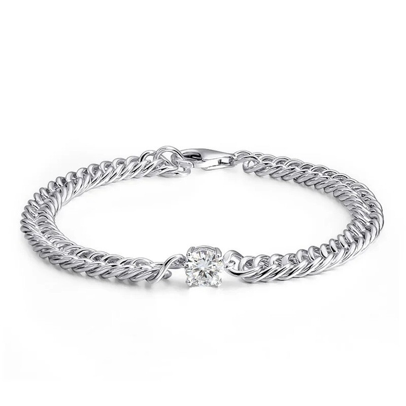 1ct Round Moissanite Cuban Bracelet 925 Sterling Silver Men Women Chain Hip Hop