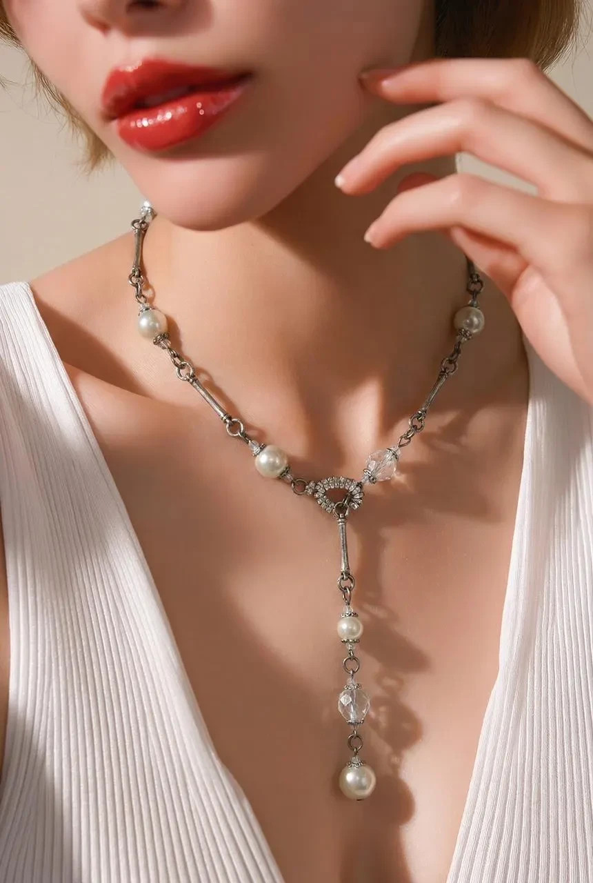 Murano Glass Lariat Necklace with Pearl Glass from Murano
