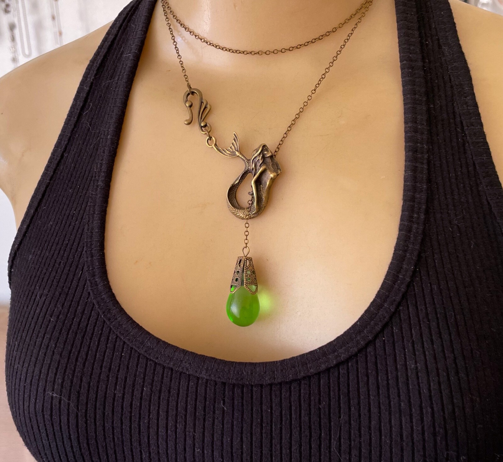 Mermaid Necklace Art Nouveau Siren Lariat Pendant W/ Antique Green Czech Glass