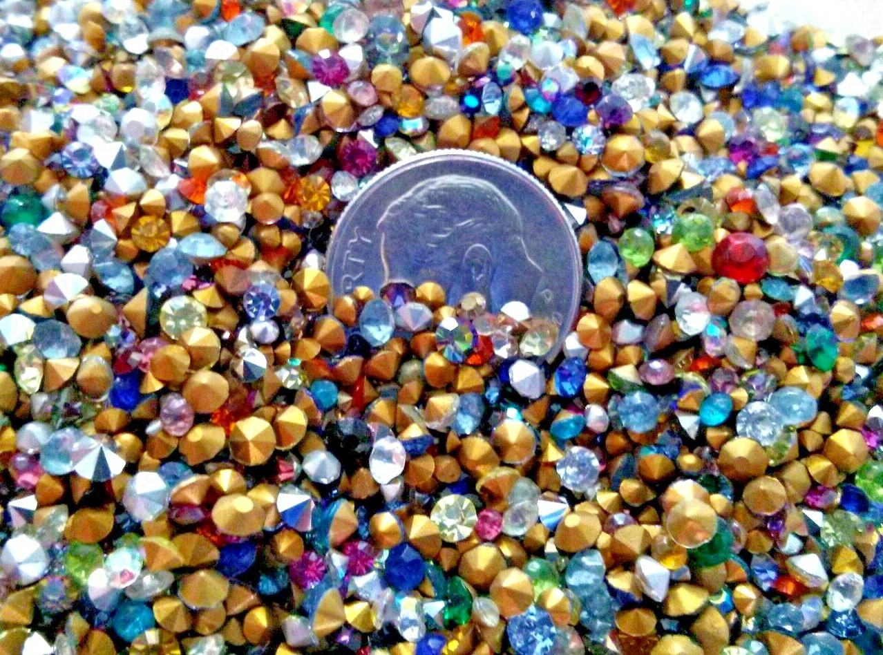 250 Vintage/New tiny Rhinestones mixed sizes colors MC Czec, Swarovski Preciosa
