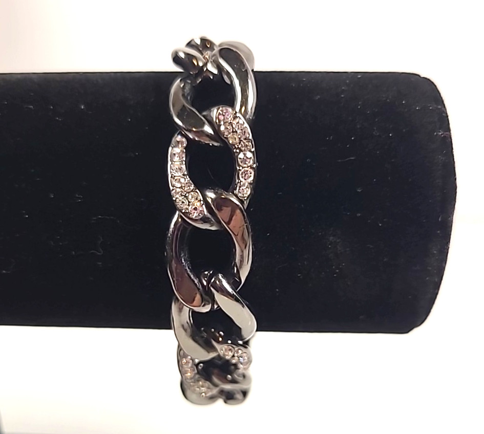 Gunmetal Toned Curb Link Bracelet with Crystal Accents.