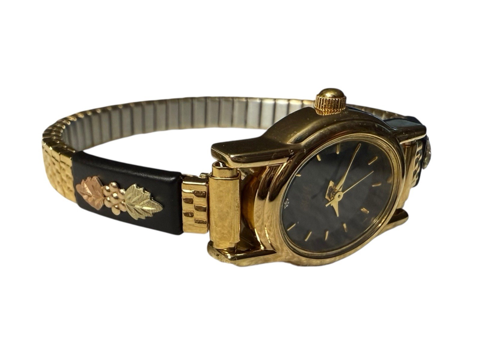Ladies NOS Retro Vintage Black Hills Gold Stainless Steel Analog Wristwatch