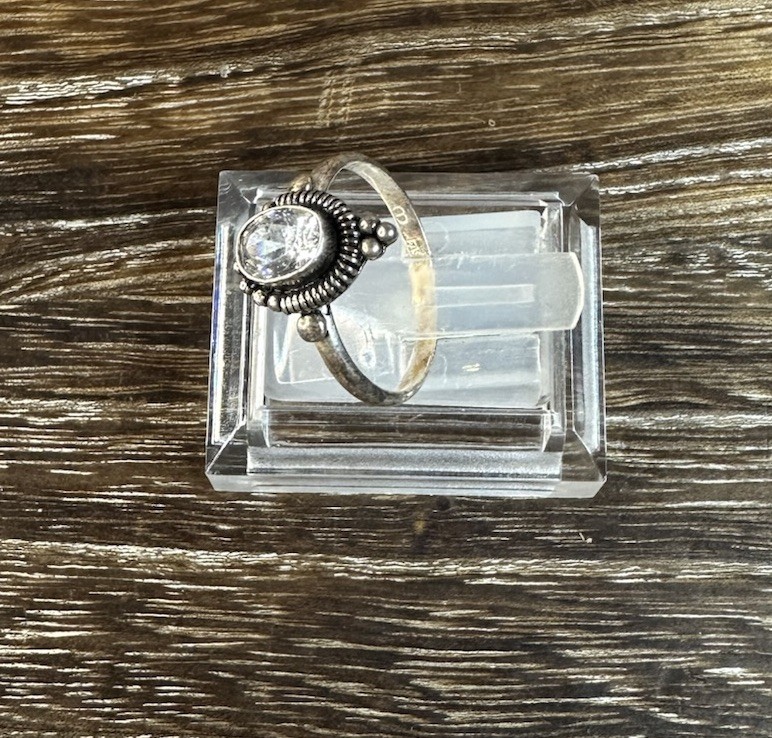 Vintage Sterling Silver FAS Oval Beaded Coil Edge Cubic Zirconia Ring Size 7.5