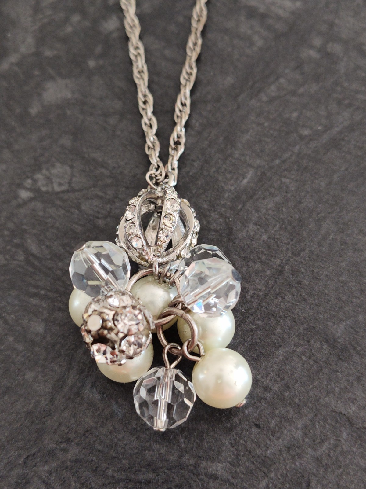 Jewel Kade Pearl & Crystal Cluster Silver Tone Necklace with Charm Clasp 27″