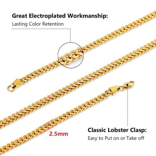 Men’s Fransco Box Chain 2mm to 6mm 16″ to 30″ Gold Plated Hip Hop Jewelry
