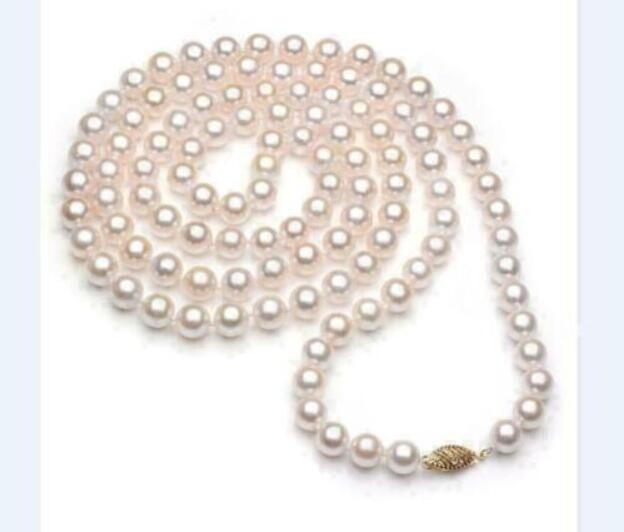 36 inch AAAAA 7-8MM perfect Akoya white pearl necklace14k Yellow Gold Clasp