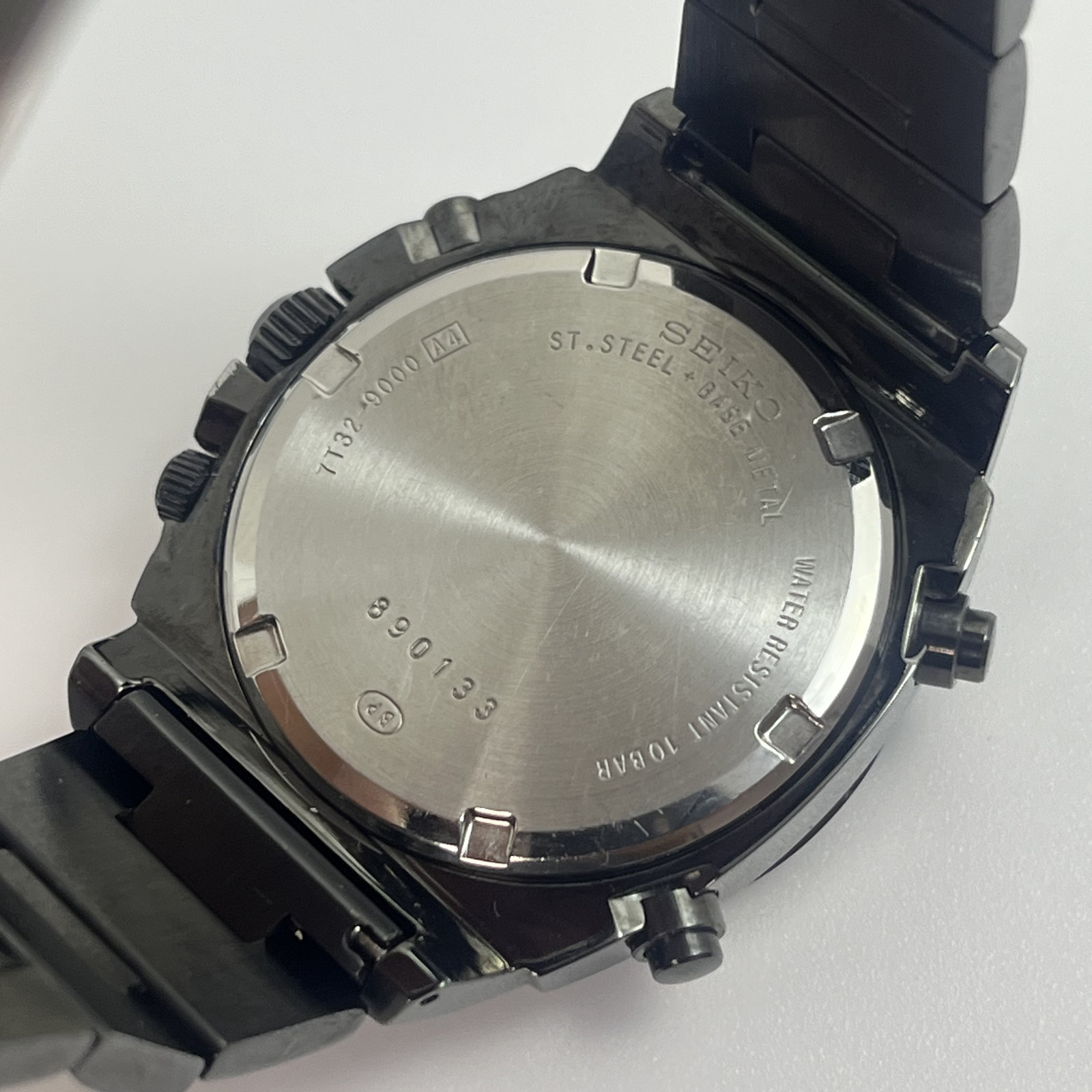 Seiko SUS Black Alarm Chronograph 7T32-9000 Quartz Japan Date Vintage Rare #743B
