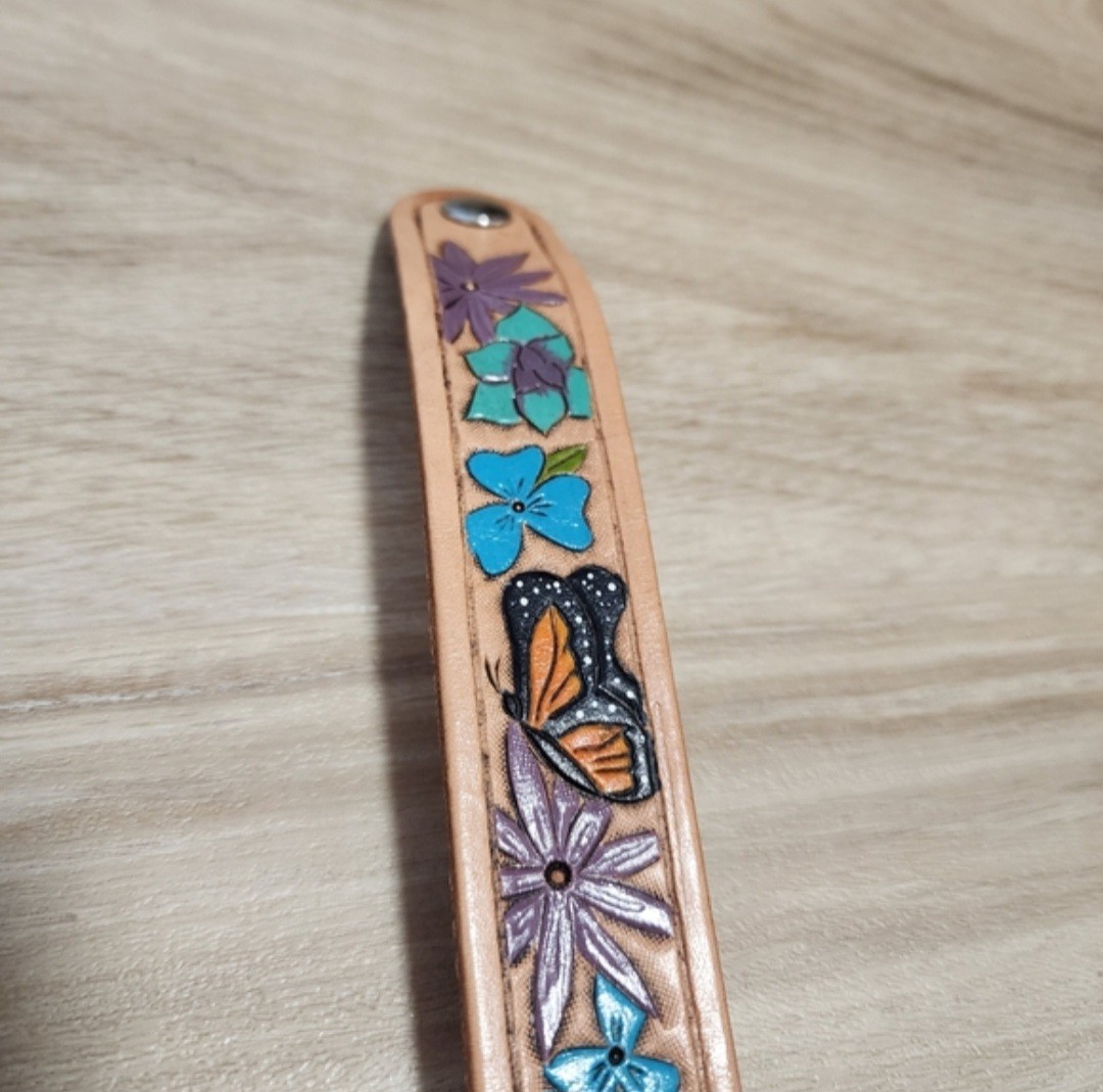 Handcrafted Tooled Leather Bracelet Butterfly Floral Painted Boho Cuff Boho Wrap